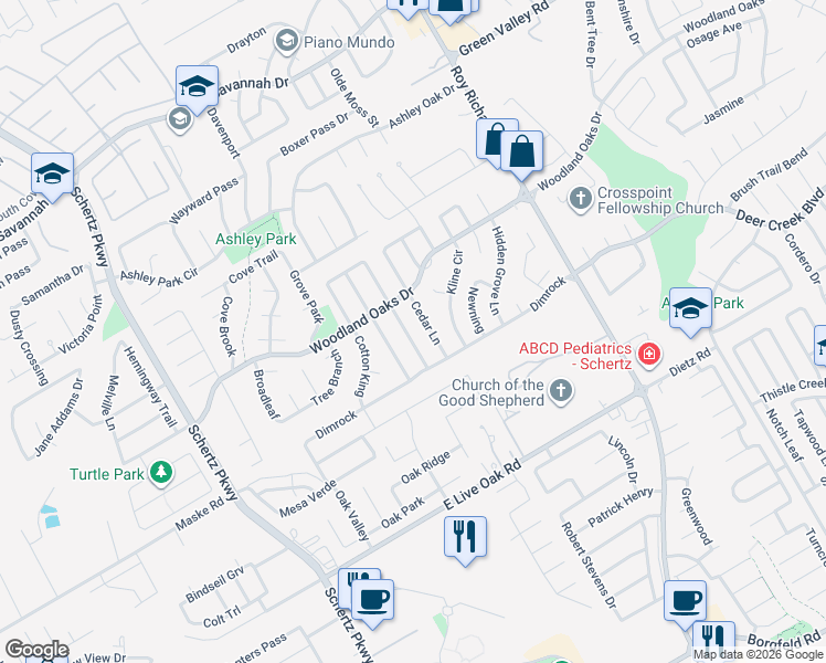 map of restaurants, bars, coffee shops, grocery stores, and more near 2605 Star Light Lane in Schertz