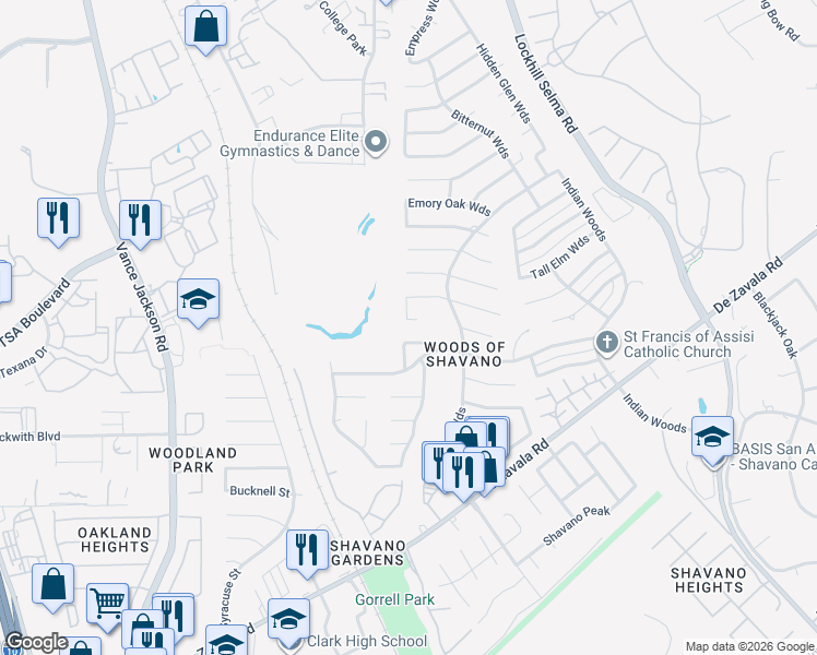 map of restaurants, bars, coffee shops, grocery stores, and more near 14303 Shumard Oak Woods Street in San Antonio