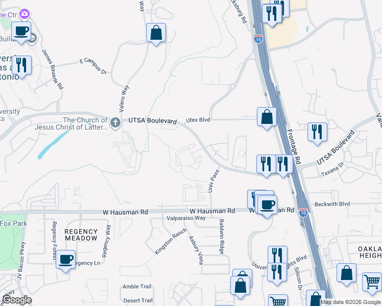 map of restaurants, bars, coffee shops, grocery stores, and more near 5810 UTSA Boulevard in San Antonio