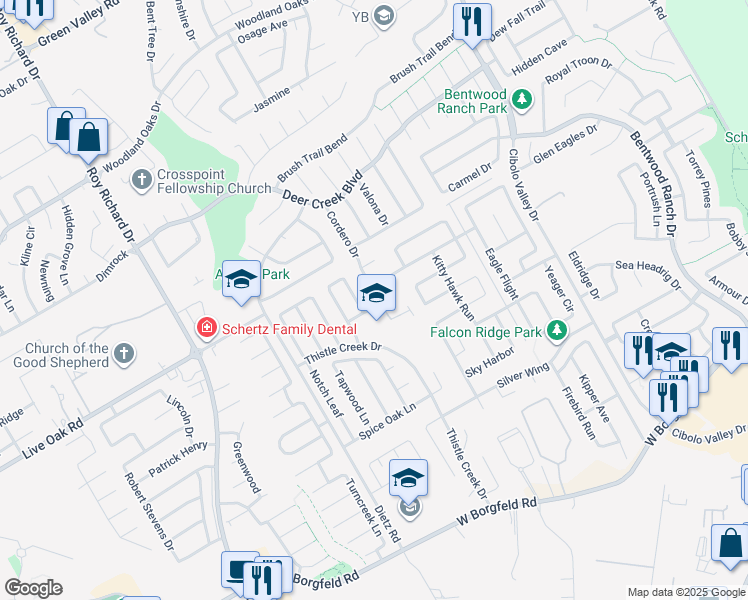 map of restaurants, bars, coffee shops, grocery stores, and more near 293 Cordero Drive in Cibolo