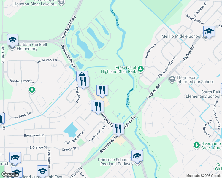 map of restaurants, bars, coffee shops, grocery stores, and more near 2112 Asbury Court in Pearland