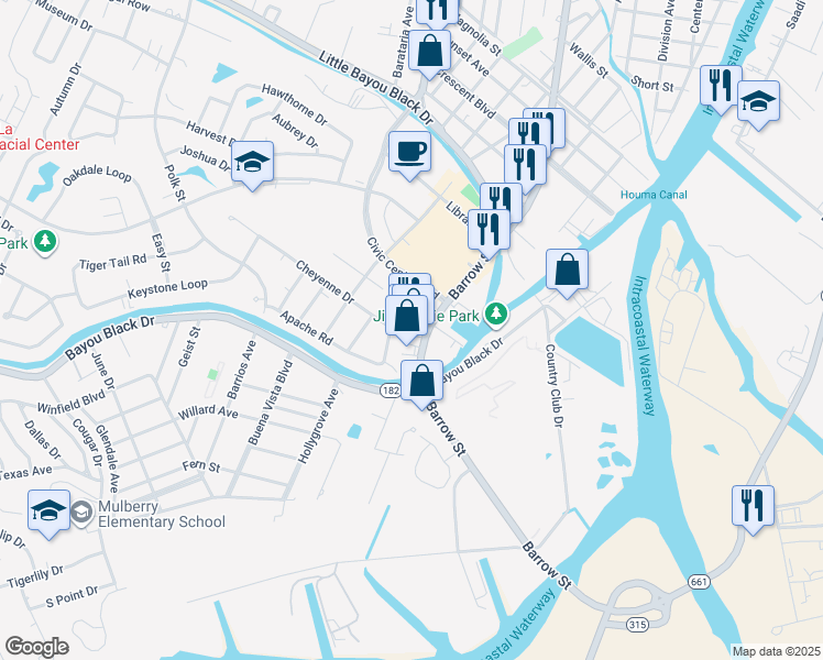 map of restaurants, bars, coffee shops, grocery stores, and more near 3034 Barrow Street in Houma