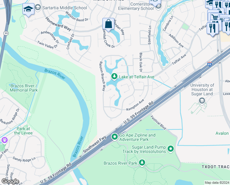 map of restaurants, bars, coffee shops, grocery stores, and more near 2502 Pittsford Street in Sugar Land