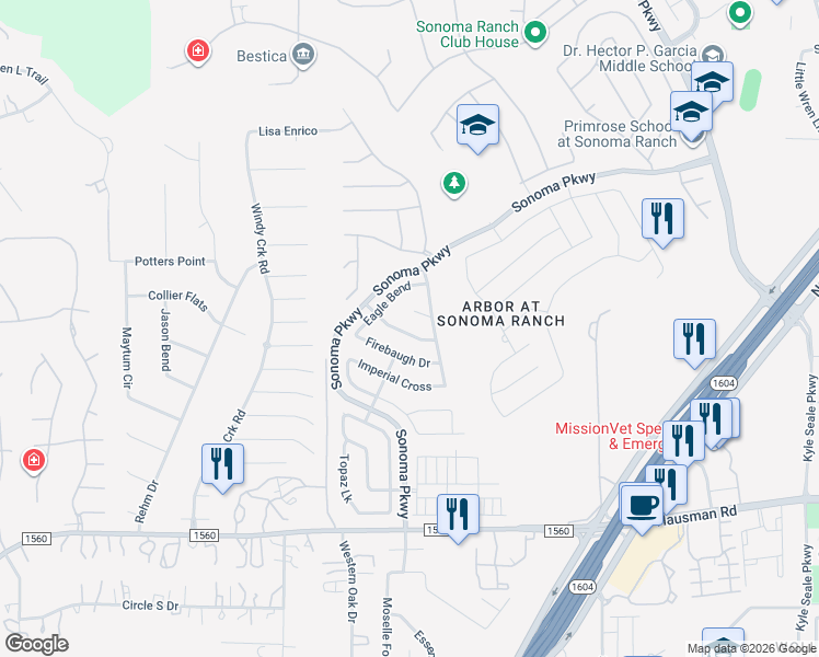 map of restaurants, bars, coffee shops, grocery stores, and more near 8916 Eagle Cove in Helotes