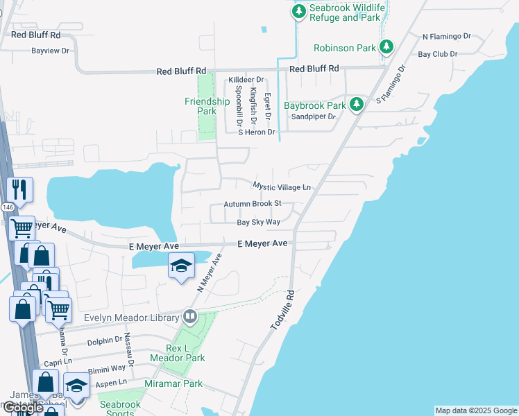 map of restaurants, bars, coffee shops, grocery stores, and more near 1013 Autumn Brook Street in Seabrook