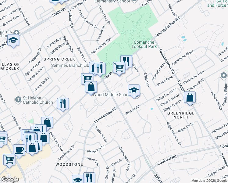 map of restaurants, bars, coffee shops, grocery stores, and more near 15060 Nacogdoches Road in San Antonio