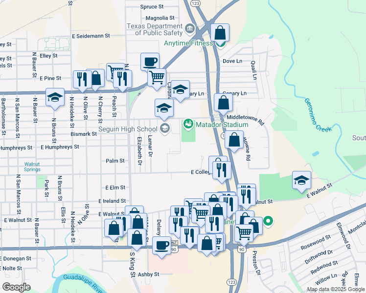 map of restaurants, bars, coffee shops, grocery stores, and more near 1227 East Cedar Street in Seguin