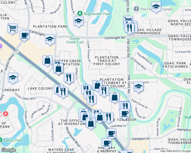 map of restaurants, bars, coffee shops, grocery stores, and more near 4103 Hidden Fort Ln in Missouri City