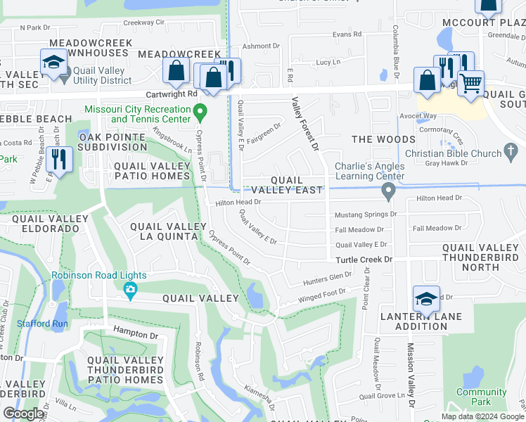 map of restaurants, bars, coffee shops, grocery stores, and more near 2502 Fall Meadow Drive in Missouri City