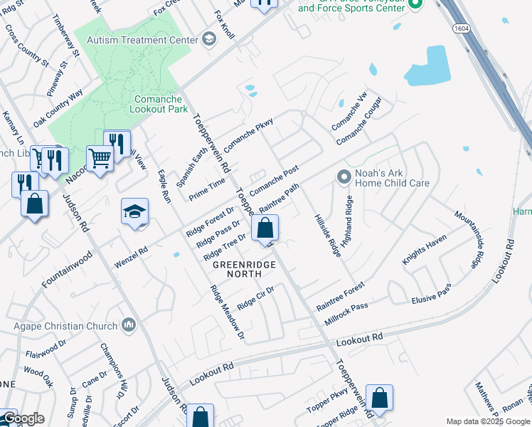 map of restaurants, bars, coffee shops, grocery stores, and more near 6710 Raintree Path in San Antonio