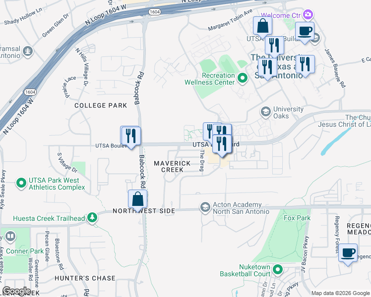 map of restaurants, bars, coffee shops, grocery stores, and more near 143 Adelaide Oaks in San Antonio