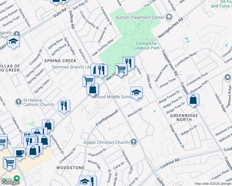 map of restaurants, bars, coffee shops, grocery stores, and more near 15060 Nacogdoches Road in San Antonio