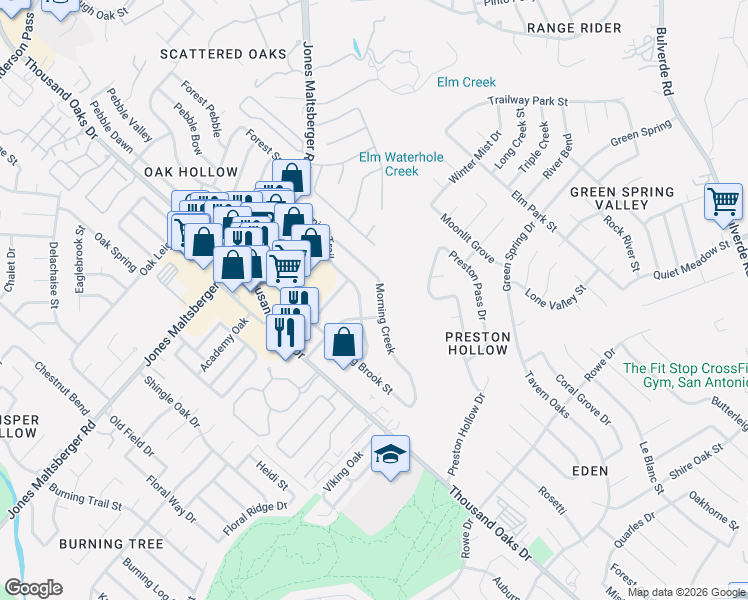 map of restaurants, bars, coffee shops, grocery stores, and more near 3166 Morning Creek in San Antonio