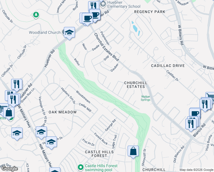 map of restaurants, bars, coffee shops, grocery stores, and more near 14218 Before Dawn in San Antonio