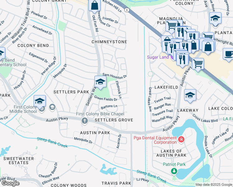 map of restaurants, bars, coffee shops, grocery stores, and more near 3322 West Heatherock Circle in Sugar Land