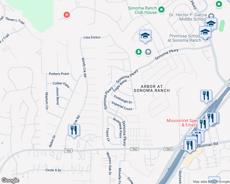 map of restaurants, bars, coffee shops, grocery stores, and more near 9002 Eagle Bend in Helotes