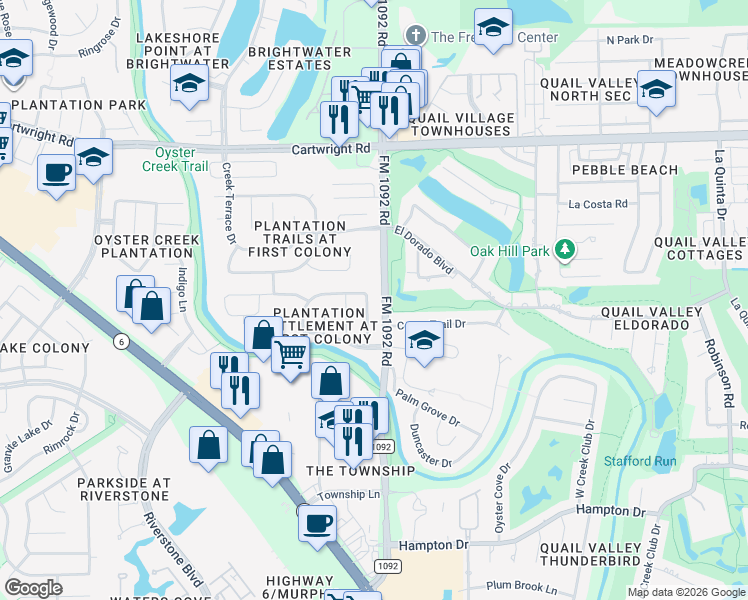 map of restaurants, bars, coffee shops, grocery stores, and more near 3738 Auburn Grove Circle in Missouri City