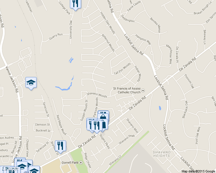 map of restaurants, bars, coffee shops, grocery stores, and more near 4402 Meredith Woods Street in San Antonio