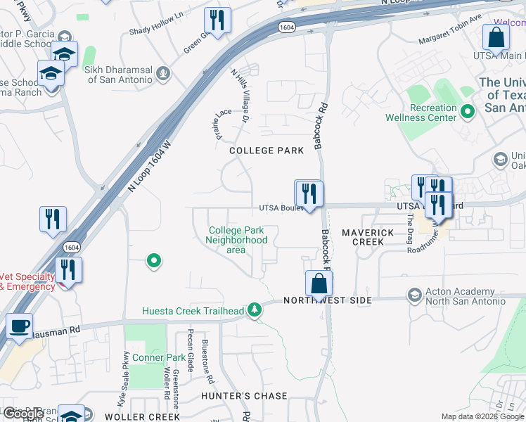 map of restaurants, bars, coffee shops, grocery stores, and more near 7449 UTSA Boulevard in San Antonio