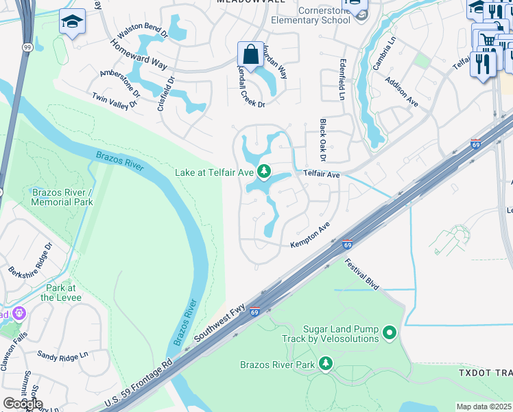 map of restaurants, bars, coffee shops, grocery stores, and more near 2502 Pittsford Street in Sugar Land