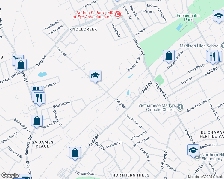 map of restaurants, bars, coffee shops, grocery stores, and more near 4214 Briarcrest St in San Antonio