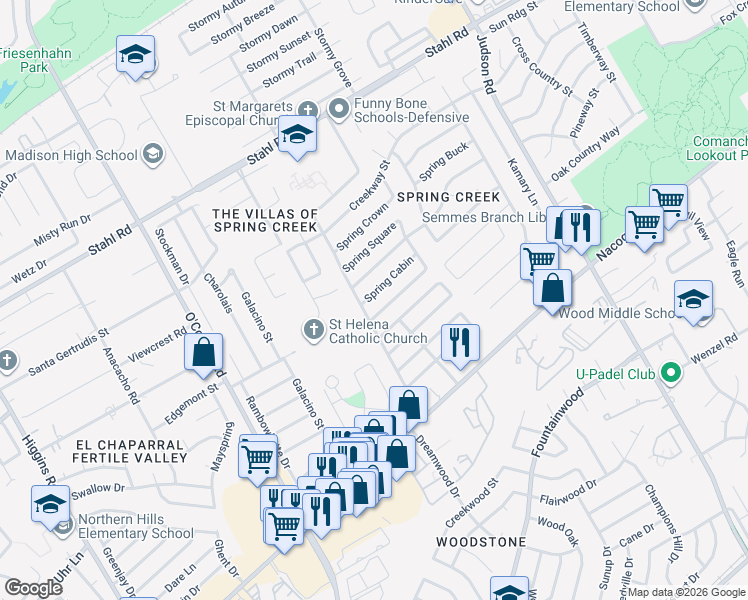 map of restaurants, bars, coffee shops, grocery stores, and more near 5814 Spring Cabin in San Antonio
