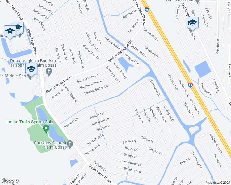 map of restaurants, bars, coffee shops, grocery stores, and more near 58 Burning Bush Drive in Palm Coast