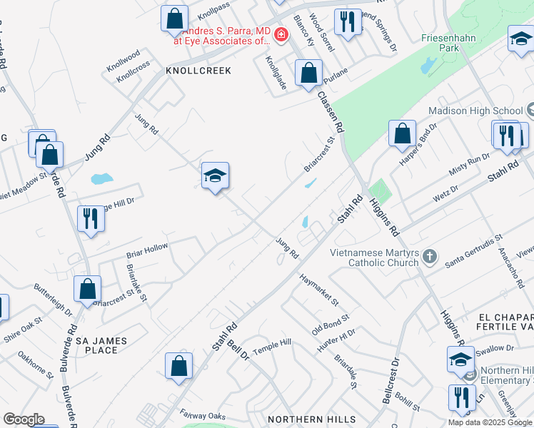 map of restaurants, bars, coffee shops, grocery stores, and more near 4214 Briarcrest Street in San Antonio