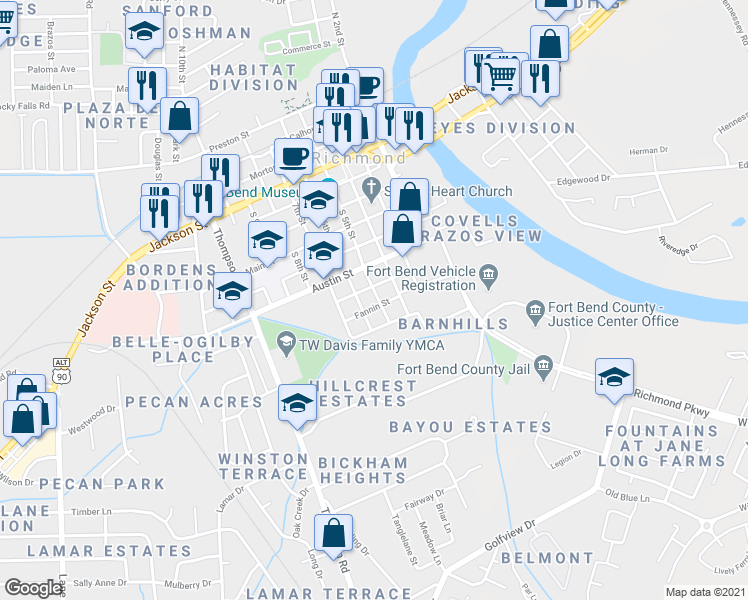 map of restaurants, bars, coffee shops, grocery stores, and more near 500 Fannin Street in Richmond