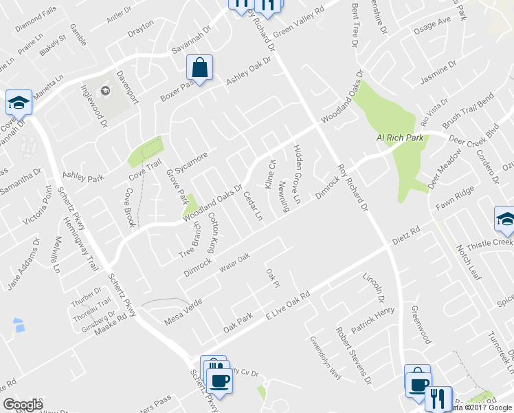map of restaurants, bars, coffee shops, grocery stores, and more near 2512 Cedar Lane in Schertz