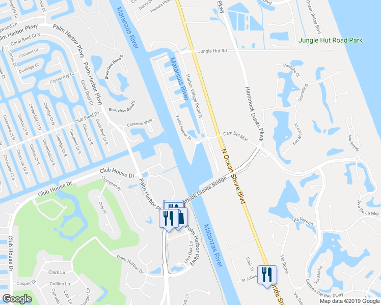 map of restaurants, bars, coffee shops, grocery stores, and more near 102 Yacht Harbor Drive in Palm Coast