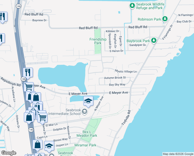 map of restaurants, bars, coffee shops, grocery stores, and more near 820 Dawn Ridge Way in Seabrook