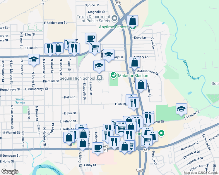 map of restaurants, bars, coffee shops, grocery stores, and more near 1227 East Cedar Street in Seguin