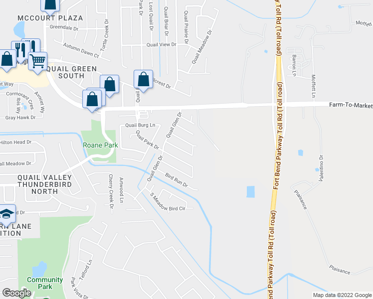map of restaurants, bars, coffee shops, grocery stores, and more near 8338 Bird Meadow Lane in Missouri City