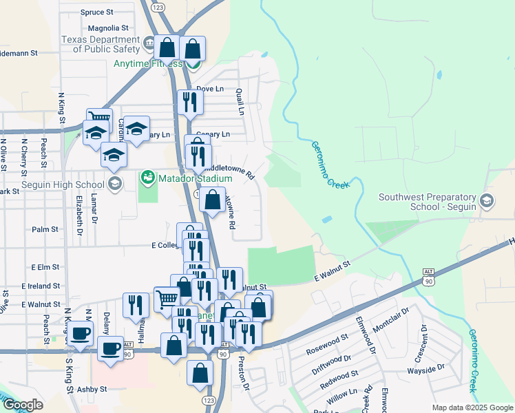 map of restaurants, bars, coffee shops, grocery stores, and more near 301 Cheshire Circle in Seguin