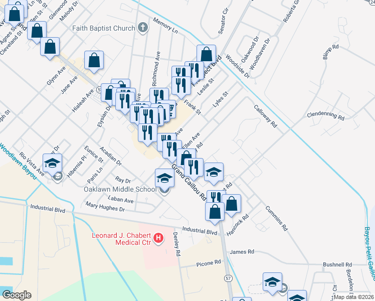 map of restaurants, bars, coffee shops, grocery stores, and more near in Houma