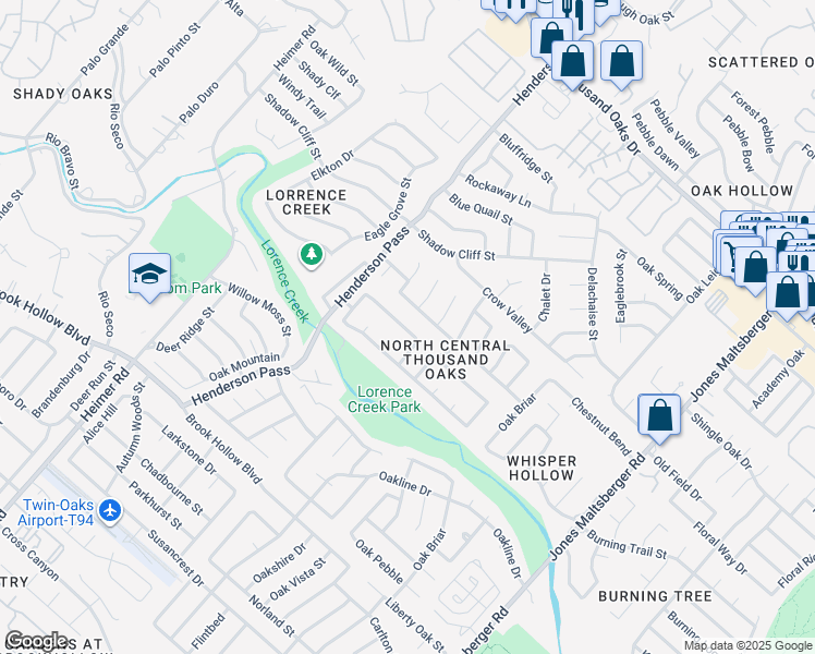map of restaurants, bars, coffee shops, grocery stores, and more near 2415 Moss Terrace in San Antonio