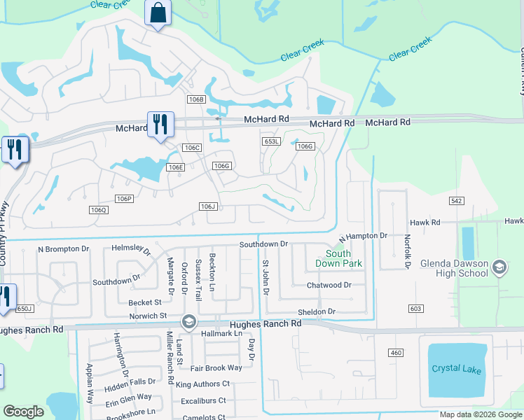 map of restaurants, bars, coffee shops, grocery stores, and more near 903 West Palmcrest Court in Pearland