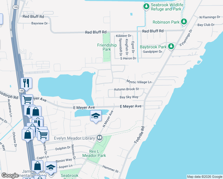 map of restaurants, bars, coffee shops, grocery stores, and more near 1113 Autumn Brook in Seabrook