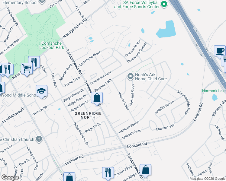 map of restaurants, bars, coffee shops, grocery stores, and more near 6730 Winterpath Drive in San Antonio