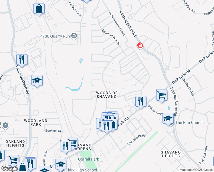 map of restaurants, bars, coffee shops, grocery stores, and more near 4423 Walnut Woods Street in San Antonio