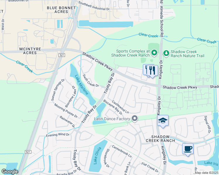 map of restaurants, bars, coffee shops, grocery stores, and more near 1916 Roaring Springs Drive in Pearland