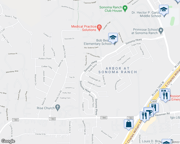 map of restaurants, bars, coffee shops, grocery stores, and more near 9002 Eagle Bend in Helotes