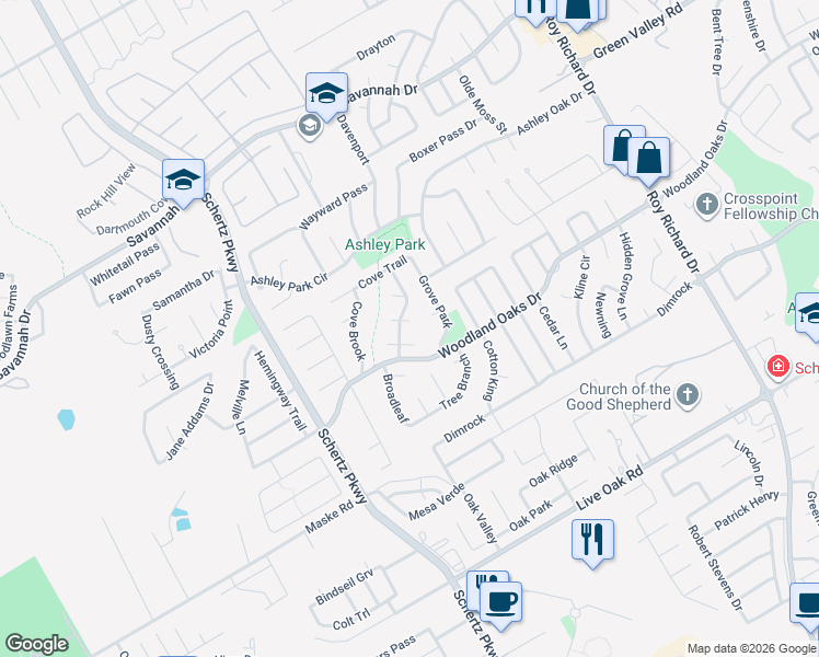 map of restaurants, bars, coffee shops, grocery stores, and more near 2484 Sombra Hill in Schertz
