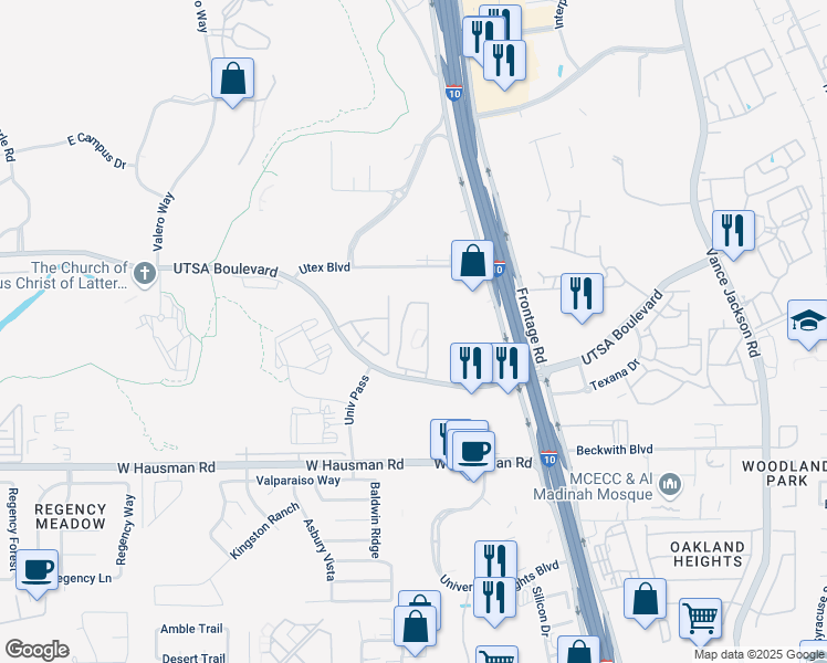 map of restaurants, bars, coffee shops, grocery stores, and more near 5655 UTSA Boulevard in San Antonio