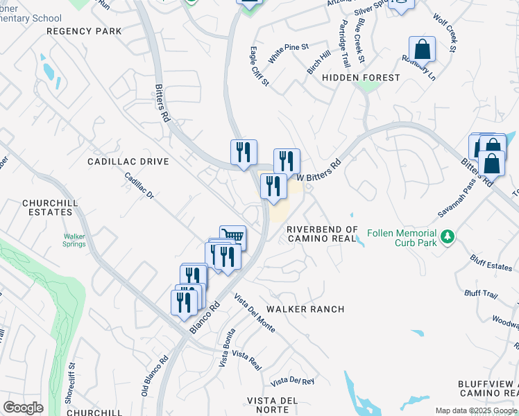 map of restaurants, bars, coffee shops, grocery stores, and more near 14555 Blanco Road in San Antonio