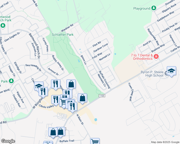 map of restaurants, bars, coffee shops, grocery stores, and more near 101 Ling Lane in Cibolo