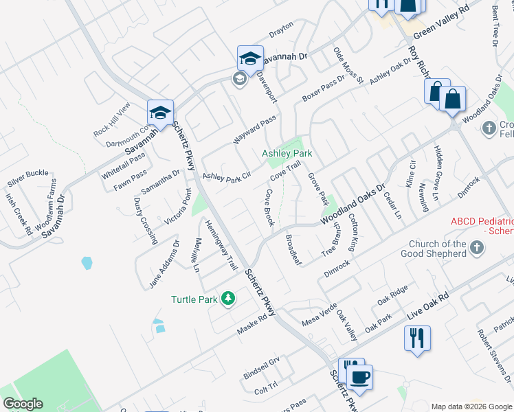 map of restaurants, bars, coffee shops, grocery stores, and more near 2624 Tree Crown in Schertz