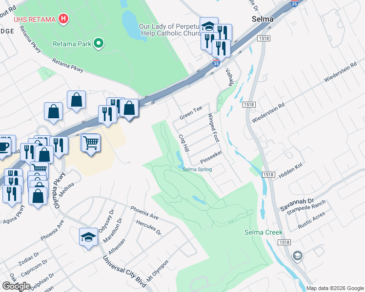 map of restaurants, bars, coffee shops, grocery stores, and more near 15207 Cog Hill in Schertz