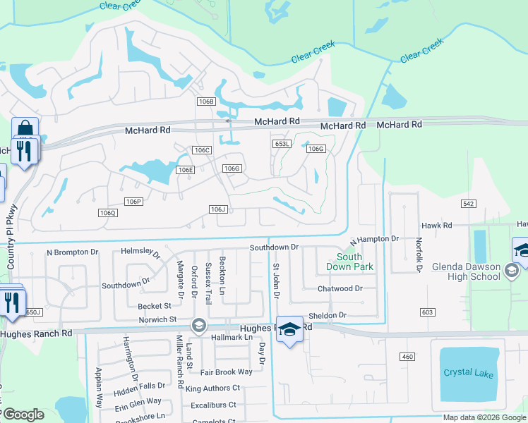 map of restaurants, bars, coffee shops, grocery stores, and more near 903 West Palmcrest Court in Pearland